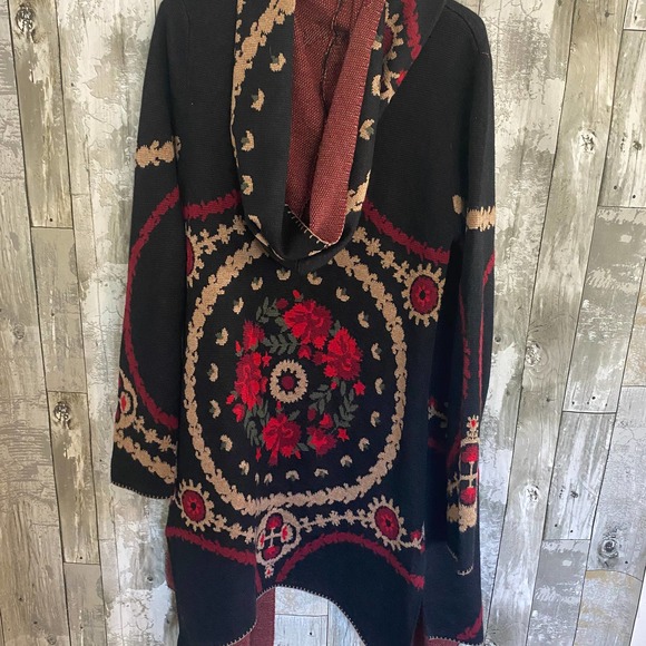 Maxsport black rose floral hooded duster cardigan sweater M